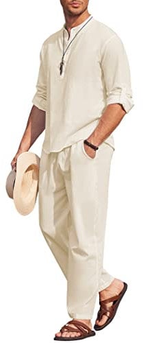 COOFANDY 2-teiliges Herren-Set aus Baumwoll-Leinen, langärmelig, Henley-Shirt, lässige Strandhose mit Taschen, Sommer-Yoga-Outfits, Beige, Medium
