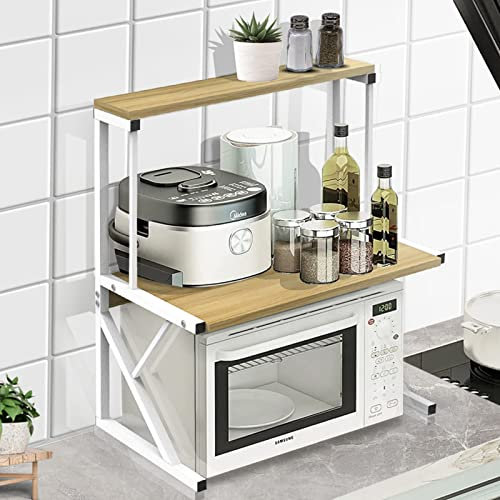 SHISHI Support à Micro-Ondes en Métal et Bois, 3 Niveaux, Étagère de Cuisine Comptoir, Étagère Rangement Cuisine, Organisateur de Rangement Extensible, 54×34,5×65 cm - Blanc-Bois
