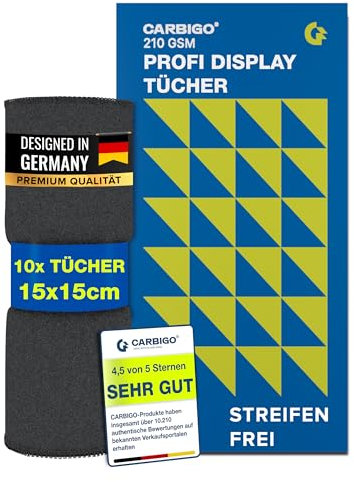 Carbigo® 210 GSM Profi Mikrofasertuch Display – Streifenfreie Reinigung von Display, Brillen, Bildschirmen – Fusselfreies & weiches Microfasertuch Display – Innovatives Poliertuch Display 15x15cm (10)