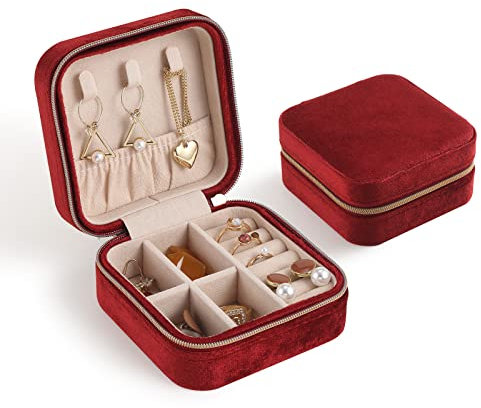 CASEGRACE Reise-Schmuckkästchen, Plüsch-Samt-Schmuckschatulle, kleiner Schmuck-Reise-Organizer, Präsentation, Ringe, Halsketten, Armbänder, Ohrringe, Aufbewahrungsbox für Damen und Mädchen, Rot