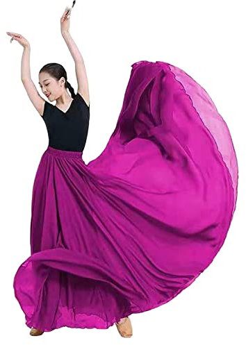COTCLO Falda Larga de Baile Plisada para Mujer, Verano, Color Sólido, Cintura Alta, Gasa, Grande Con Vuelo, Fucsia, 36