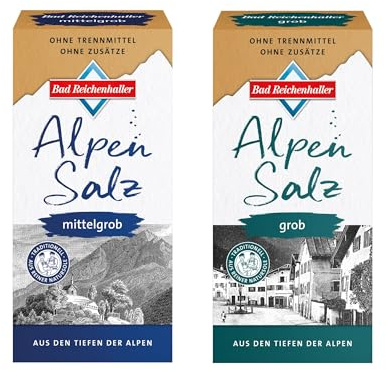 Bad Reichenhaller SET 2er Bundle Mittelgrobes 1kg & Grobes 1kg Alpensalz (2x1000g) | aus reiner Natursole Salz der Alpen | Vorratspackung