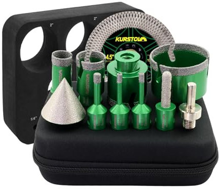 KURSTOL Punta Diamantata - 6/6/8/25/35/50/68MM+50MM Fresa Diamantata+10MM Frese per Piastrelle+115MM Disco Diamantato+Adattatore a Triangolo per M14 Filo per Porcellana Granito Piastrella Marmo