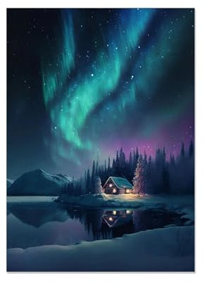 MOBYAT Bilder Polarlicht Nachtansicht des Hauses im Schnee mit blauer Aurora Leinwandbilder Bild auf Leinwand Wandbild Kunstdruck Wanddeko Wand Wohnzimmer Wanddekoration60x85cm(24x33in) Rahmenlos
