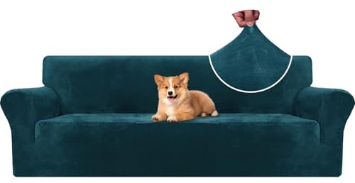 CYCMACO Samt Sofa Überzug 4 Sitzer, Sofabezug Elastische, Couch Überzug Haustier Katze Hunde, Universal Sofa Cover Moderne, Sofahusse Mit Armlehnen, Sofaschoner rutschfest, Dunkel Grün