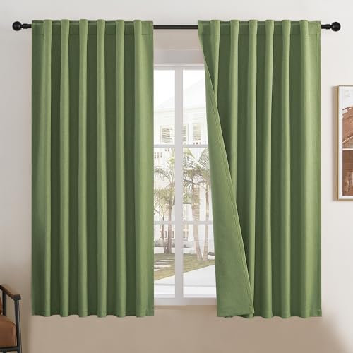 DUALIFE Salbeigrün Verdunkelungsvorhänge, 160 cm Länge, für Schlafzimmer, Stangentasche, Schlaufen, Leinen-Vorhänge, wärmeisoliert, sonnenblockierend, Wohnzimmer, helles Salbeigrün, 2 Paneele, Set 127