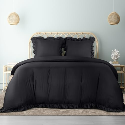 Utopia Bedding Rüsche Bettwäsche 200x200 Set - Mikrofaser Bettbezug 200x200 cm + 2 Kissenbezüge 80x80 cm - Schwarz
