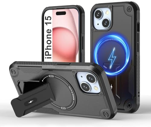 Tuvror Magnetische für iPhone 15 Hülle mit Ständer, Schwarz | Kompatibel mit MagSafe, integrierter Ständer, robuste stoßfeste Hülle für iPhone 15