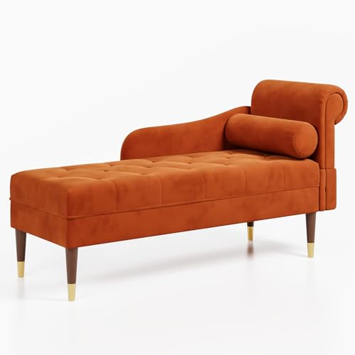 Vesgantti Velvet Chaise Longue Indoor with Right Armrest,Tool-free Assembly | Upholstered Chaise Lounge with Lumbar Pillow, Lounge Sofa for Living Room, Bedroom and Office, Orange