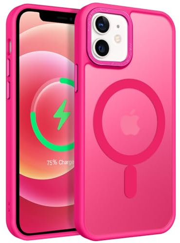 GUAGUA Coque pour iPhone 12 Mini Compatible avec MagSafe Protection Antichoc Qualité Militaire Dos Anti Rayures Étui Housse Arrière Translucide Givrée Anti-Empreintes Digitales- 5.4'' (Rose Vif)
