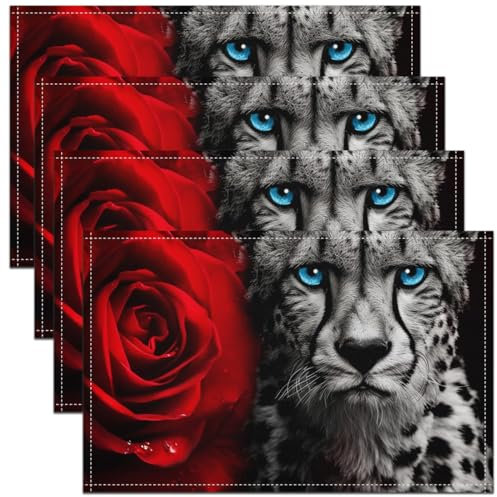 Set von 4 3D Leopard Platzmatten 45Bx30L,Geparden Druck Tischsets,Rote Rose Floral Tischmatten,Afrikanische Safari Tier wasserdichte Tischsets für Erwachsene Männer Frauen,Öl Proof Waschbar