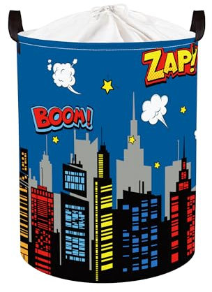 Clastyle 45L Groß Blau Stadt Skyline Held Kinder Wäschekorb mit Deckel für Jungen Mädchen Kleidung Spielzeug Aufbewahrungskorb für Kinderzimmer Bad