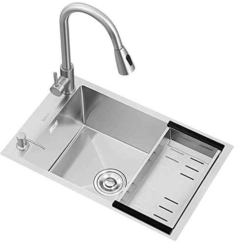 Fregadero de cocina, fregadero grande, fregadero individual de acero inoxidable, 3 mm de espesor, se puede instalar sobre la encimera y debajo de la encimera (color: plateado, tamaño: 68 x 4