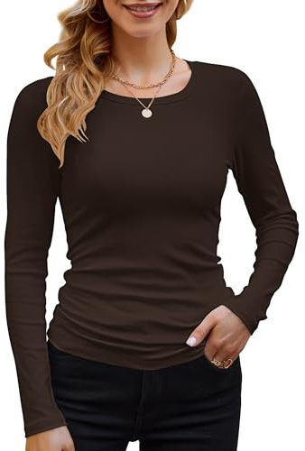 Basic T-Shirt Damen Mit Langen Ärmeln Elegant Rippshirt Pullover Herbst（Braun，XL