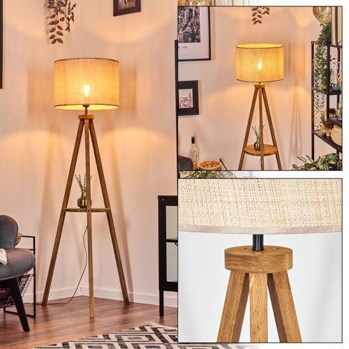 Stehleuchte Sabadim, Stehlampe aus Holz/Papiergeflecht in Natur/Beige, Leuchte im Boho-Style, skandinavisches Design (Ø 40 cm), Höhe 153 cm, mit Fußschalter u. Ablagefläche, 1 x E27, ohne Leuchtmittel