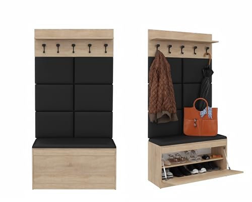 PLATAN ROOM Wand-Garderobe Set mit Garderobenpaneel & Schuhschrank & Hängeschrank 100 cm Flurgarderobe Garderobenset Flur Eiche Holz Weiß (3-TLG. mit 6 paneel, Sonoma Eiche)