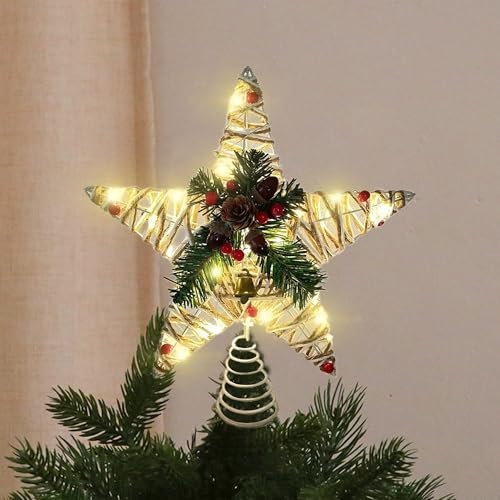 Stella Albero di Natale, Puntale Albero Natale Luminoso, Puntale Albero Natale con 20 Luci A LED per L'interno Dell'ufficio, Decorazioni per L'albero di Natale di Capodanno (Filo cotone con fiori)