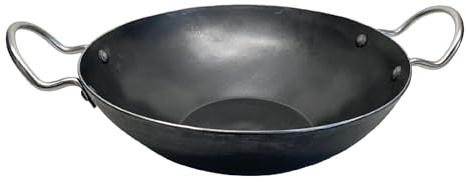 Buckingham Traditional Iron Premium Karahi Cooking Indian Chinese Food Wok Pan Kitchen Tool for Families Multipurpose Hand Hammered Round Bottom Black (30cm)