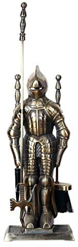 Kaminbesteck-Sets, Metallarbeiten, Mittelalter, Ritter-Kaminbesteck-Set Aus Gusseisen, Antikes Messing, 5-Teiliges Kaminbesteck-Set Aus Schmiedeeisen – Bürste, Schaufel, Zange, Sc,Bronze