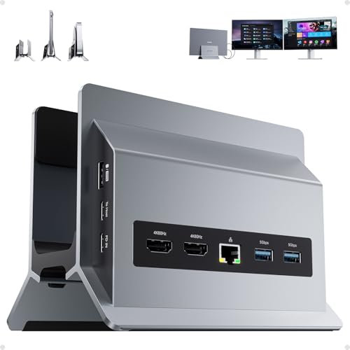 PULWTOP Station d'accueil USB C 11 en 1 Double Moniteur, Stations d'accueil pour Ordinateur Portable avec 2xHDMI 4K 60Hz, 3xUSB A/C 10Gbps, RJ45 for Full-Featured Type-C Laptops (Gris)