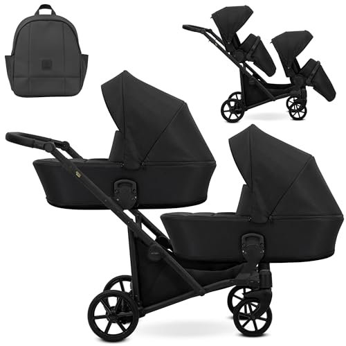 Kunert BRAV DUO Zwillingskinderwagen 2 in 1 + Zubehör: Komfort, Sicherheit, Praktikabilität, elegantes und funktionales Design, vielseitiges System, Aluminiumrahmen, leicht, schwarz/schwarz