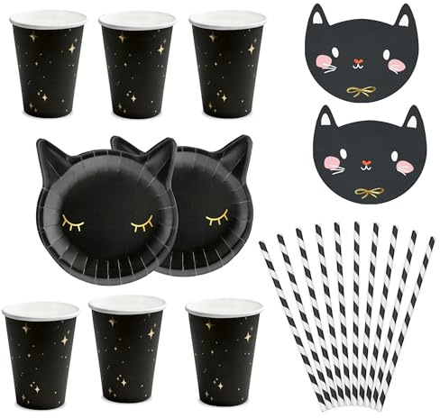 Libetui Vajilla de 64 piezas, diseño de gato negro, vajilla desechable para 12 personas, color negro