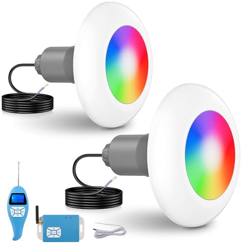 LyLmLe Projecteur Piscine LED Vissable avec Filetage 2, 15W Lampe Piscine RGB avec Contrôleur, Ø190mm, 12V AC Ampoule Piscine pour Préfabriquées Fibre Polyester, Hors-Sol Bois Acier, Lot de 2