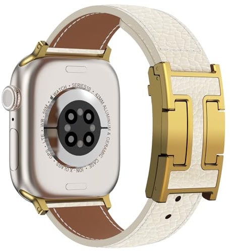 CHANCHY Lederarmband für Apple Watch armband 46mm 45mm 44mm 42mm(Series 3), Ersatzarmband aus echtem Leder für iWatch SE/Series 10 9 8 7 6 5 4 3 2 1,Beige+Gold Schnalle