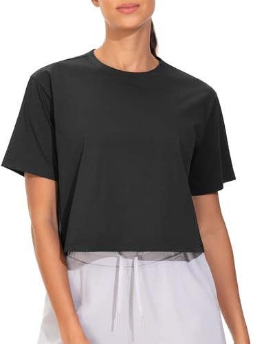 THE GYM PEOPLE Women's Workout Crop T-Shirt Short Sleeve Basic Cropped Tops | Boxy Crop, Loose Fit, Crew Neck, Quick Dry, Moisture-wicking, Lightweigh, Breathable, Stretchy, for Gym Sport Casual
