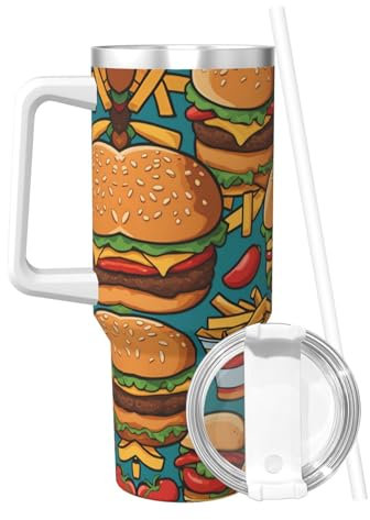 POEZJZW Cute Burger Fries Becher aus Edelstahl, vakuumisoliert, doppelwandig, Reiseflasche mit Griff, 1,2 l