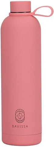 BAVISSA Borraccia termica da 1000 ml, con chiusura a clip, a doppia parete, mantiene le bevande fredde per 12 ore/calde per 6 ore, in acciaio inox, senza BPA, colore: rosa acceso