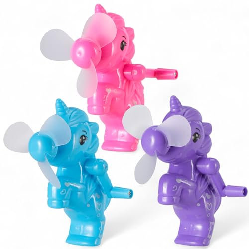 MIJOMA Handventilator Einhorn 3er Set – Mini Ventilator für Kinder mit Kurbelantrieb – 91x59x116 mm – Buntes Sommer-Gadget für unterwegs