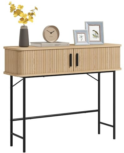 HOMCOM Console Meuble, Table Console, Console entrée, Table d'entrée avec Portes coulissantes à Lattes et Pieds en Acier, Bout de canapé pour Salon, chêne et Noir