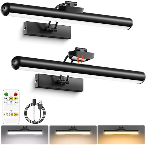 AIXPI Picture Lights for Wall, Battery Operated Wall Lights with Remote, Dimmers, Timers & 3 Color Temps, 12.6 in Rechargeable LED Metal Wall Sconces for Living Room, Artworks, Black 2 Pack