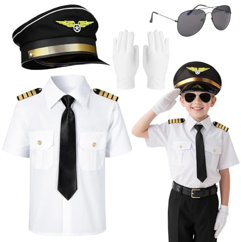 Bryndo 5 Pcs Airline Pilot Costume Set for Kids, Pilot Fancy Dress Captain Hat Aviator Uniform Sunglasses Tie Gloves for Kids Boys Cosplay Party Role Play Dress Up