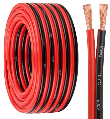 6 Gauge Wire 2 Conductors Copper Wire, 6 AWG Battery Cable Oxygen Free Copper Wire for Solar Panel, Automotive, Trailer, RV and Speaker (6 Gauge 20FT)