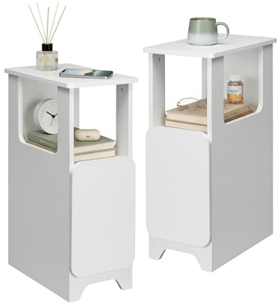 Afuly Small Bedside Table Set of 2 Night Stand Slim Bedside Cabinets White Thin Bed Side Table for Bedroom Narrow Side Table Drawers End Tables Organiser Storage Modern Home Decor
