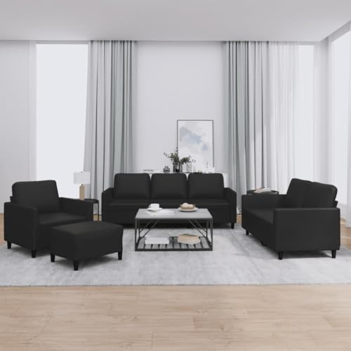 Qnhdfrt 4-Piece Faux Leather Sofa Set with Ottoman, Black