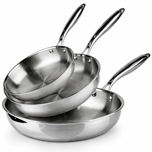 La Moustache - Juego de Sartenes Profesionales【20/24/28 cm】de Acero Inoxidable, Sin PFOA/PFAS para Todas las Cocinas, Incluso Inducción | Aptas para Horno y Lavavajillas (Titan Inox)