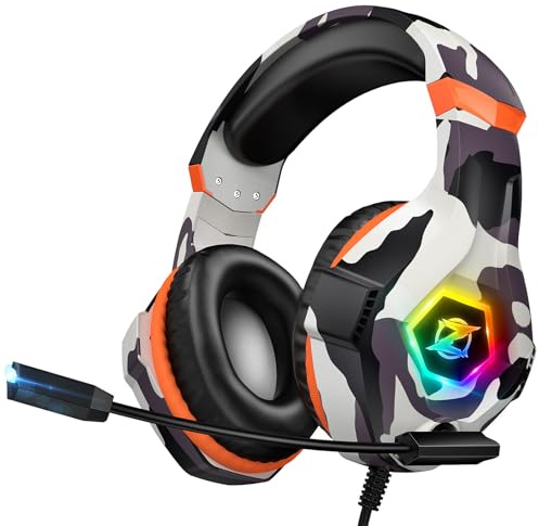 Ozeino Cascos Gaming, Auriculares Gaming con Micrófono Rotatorio, Luz RGB, Premium Stereo, Orejeras Ligero Cómodo, para PS4 PS5 Xbox PC Switch Tableta Laptop