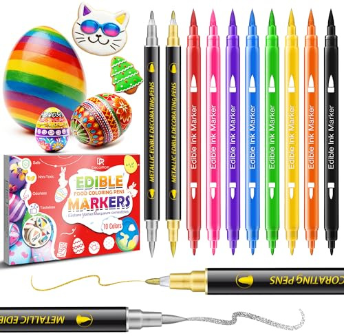 Lebensmittelfarbe Stifte - 10 Farben Lebensmittelstifte mit feiner und dicker Spitze, Lebensmittelfarbe zum schmücken von Kuchen, Keksen, Fondant, Lebensmittelechte Farbstifte Hobby für Erwachsene