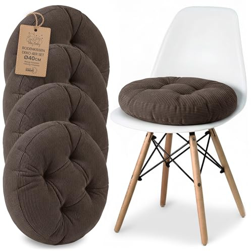 Sitzkissen Rundes Sitzpolster 4er Set 40 cm aus Cord waschbar – Stuhlkissen & Bodenkissen Sitzpolster Stuhlauflage für Esszimmer Wohnzimmer Küche Sitzbank & Hocker Braun