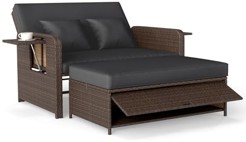 COSTWAY Polyrattan Sonnenliege, Gartenliege mit Verstellbarer Rückenlehne | Doppelliege 2 Personen mit Kissen & Seitenablagen, Balkonmöbel Kleiner Balkon, Gartensofa mit Liegefunktion, Loungebett