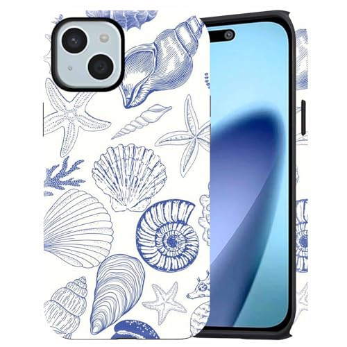 Dahimomo Summer Cute Phone Case for iPhone 14/iPhone 13 6.1, 2-in-1 Girly Aesthetic Beach Blue White Ocean Seashell Design Pattern, Camera Lens Protective Shockproof Bumper Slim Cover for Girl Women