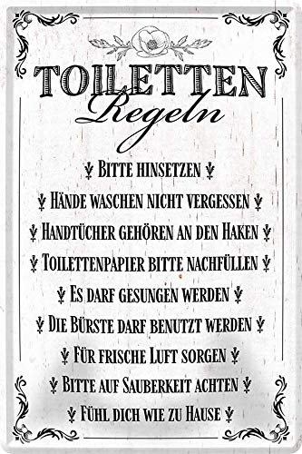 WOGEKA ART Retro Blechschild - Toiletten-Regeln Klo WC - witziger Spruch als Geschenk-Idee zum Geburtstag Weihnachten zur Dekoration 20x30 cm Vintage-Design aus Metall 379