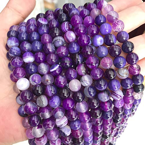 Perle striate di agata naturale, 8 mm, 6 mm, 4 mm, lucidate e opache, sferiche, per la realizzazione di gioielli, collane e bracciali, colori assortiti (8 mm, 15 pezzi, viola lucido)