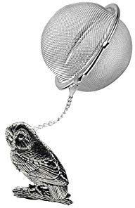 B3 Tawny Owl English Pewter on a Tea Leaf Infuser Stainless Steel Sphere Strainer