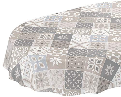 ANRO Tischdecke Wachstuch abwaschbar Wachstuchtischdecke Wachstischdecke Kacheloptik Fliese Beige Grau Blau Oval 200x140cm