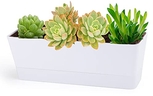 Herb Planter with Tray, Greaner 1 Pack 12x3.8 Inch Rectangle Window Box White, Indoor Succulent Flowers Plastic Pot for Windowsill, Garden, Balcony, Office Outdoor
