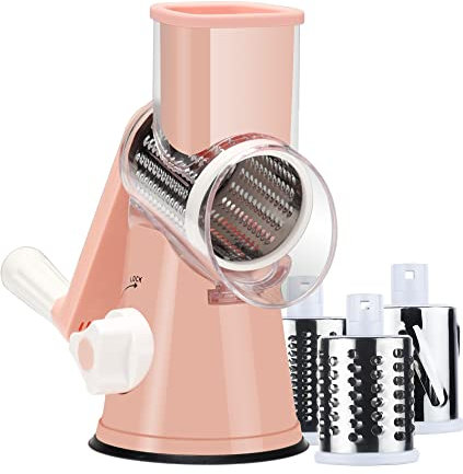 Ancevsk Rotary Cheese Grater with Handle, Round Mandoline Speed Kitchen Slicer, 3 in 1 Multifunctional Vegetable Shredder Manual Nut Grinder for Nuts, Potato, Carrot, Cucumber (Pink)